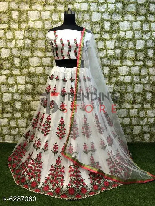 Trendy silk-net embroidered women's lehenga set, semi-stitched with free size (40m waist, 42m length), solid dupatta (2.1m). Indian traditional clothing on display