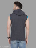 Grey cotton blend sleeveless hood neck T-shirt, self-design net pattern from Tfurnish. Perfect for casual wear this season. 100% pure combed 155-160 GSM cotton ensures comfort and a handsome fit. Made in India, quality guaranteed