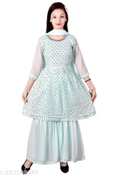 Sky Blue Sharara Set on Model, Georgette Dupatta A-line top with three-quarter sleeves, modern traditional Indian clothing for girls aged 4-12 years