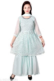 Sky Blue Sharara Set on Georgette Dupatta, A-line top with three-quarter sleeves. Traditional yet modern ensemble for girls aged 4-12 years. Indian origin