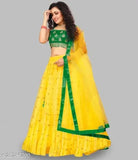 Yellow net semi-stitched lehenga choli & dupatta with satin bottomwear, embroidered patterns, lace details, Indian origin