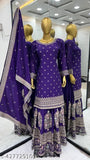 Chiffon printed party wear set for women: Kurta with dupatta and Sharara, heavy chiffon silk with embroidery sequence work, three-quarter sleeves, single quantity, India origin