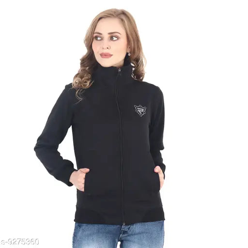 Black cotton blend full sleeve hoisery jacket for women, solid pattern, trendy winter wear on model