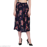 Multi-colored crepe polyester calf-length skirt with elasticated belt, 30 inches long and available in sizes 26-34 (India origin)