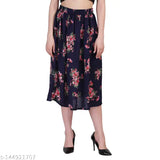 Multi-colored crepe polyester calf-length skirt with elasticated belt, 30 inches long and available in sizes 26-34 (India origin)