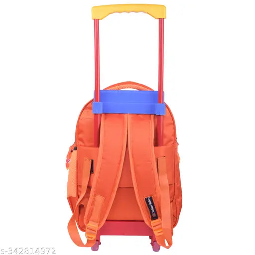 Orange polyester net Indian Riders Ice Bear Happy Family Kids School Travel Trolley Bag, waterproof, 25L. Durable and stylish school bag with adjustable padded shoulder straps, designed for toddlers aged 2-8 years, featuring a spacious main compartment and quality zippers