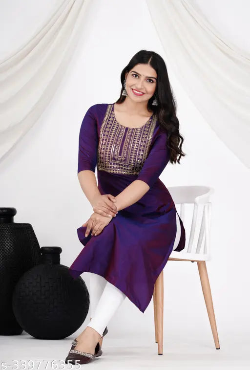 Purple art silk A-line embroidered kurti for women, stylish retro design with three-quarter sleeves, made in India