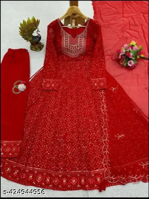 Georgette gown, heavy fabric, embroidered net pattern, three-quarter sleeves, XL size, Indian handcrafted evening wear