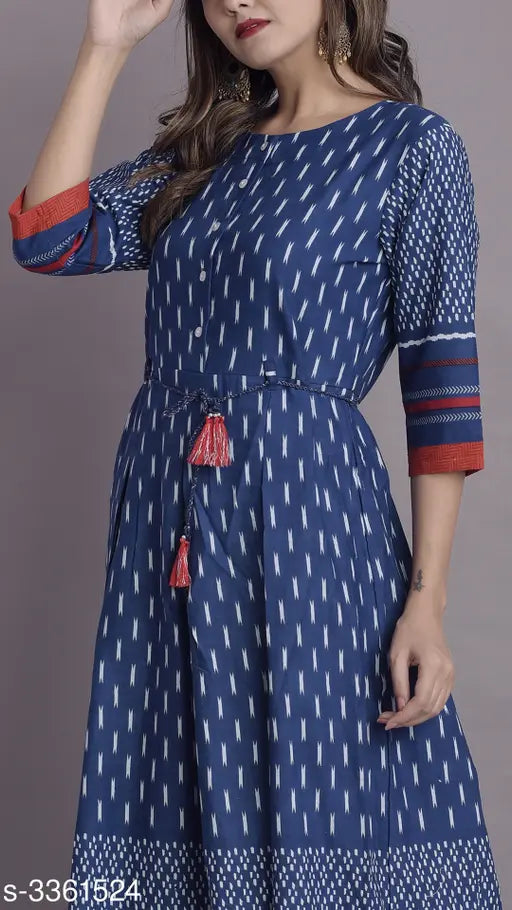Three-quarter sleeve women's ethnic motif printed cotton kurti, vibrant Indian traditional print