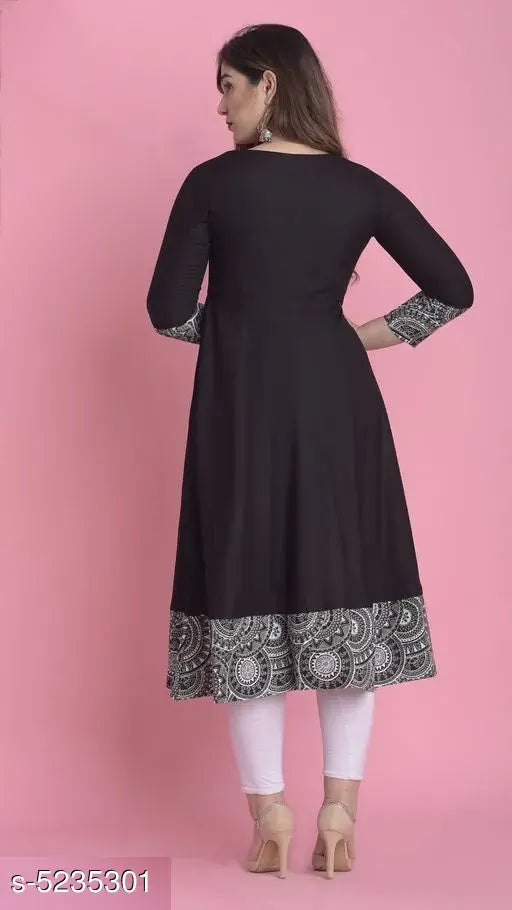 Rayon ethnic motif printed flared kurti for women, three-quarter sleeves in vibrant Indian print design, XS to 10XL available