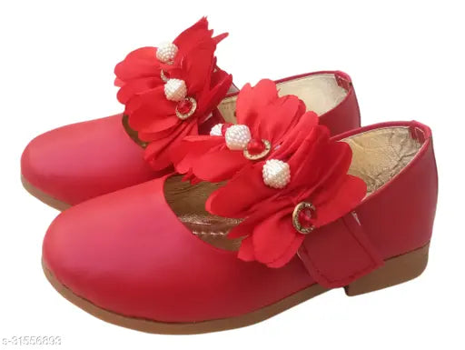 Red synthetic ballerinas for girls partywear, TPR soles, Velcro fastening