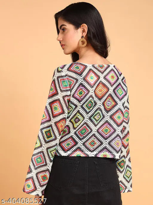 Multicolored cotton blend crop top with long sleeves, featuring geometric print and crochet-like detailing. Indian handcrafted fashion