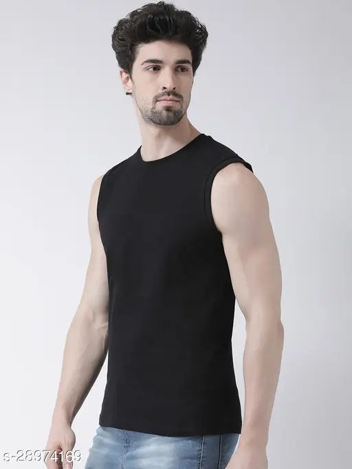 Black cotton sleeveless gym vest for men, ideal for intense workouts and comfortable training sessions