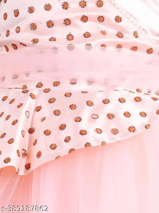 Peach embroidered net party dress for kids, 1-12 years, India origin