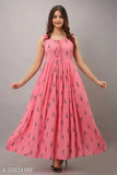 Printed pink rayon sleeveless gown, vibrant floral pattern, women's formal wear