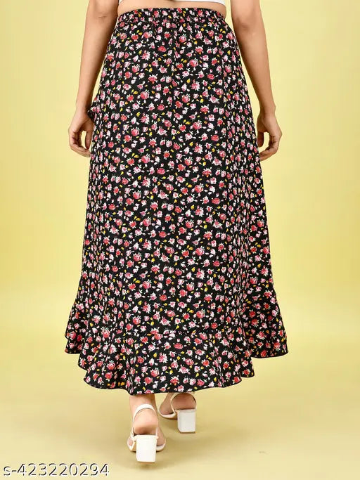 Timeless elegance floral print midi skirt with pleated A-line silhouette, crepe fabric - Indian handcrafted women's fashion, size 28-38