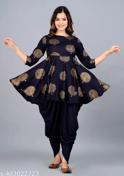 Maroon rayon printed Anarkali Kurta and Dhoti set with 3/4 sleeves, round neck, and dori embellishments - women's fashion from India