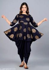 Maroon rayon printed Anarkali Kurta and Dhoti set with 3/4 sleeves, round neck, and dori embellishments - women's fashion from India