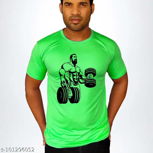 Classic polyester printed gym motivation t-shirt for men, gym outfit with short sleeves and inspiring quotes. India origin
