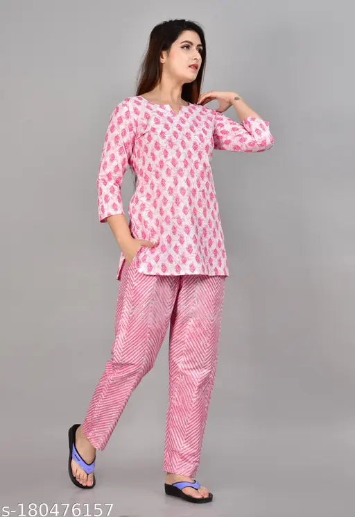 Pure cotton nightsuit for women, printed net, three-quarter sleeves - limited edition premium cotton set