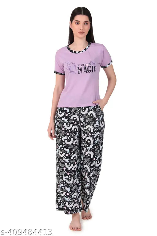 Denim ART cotton blend night pallazo suit, printed with a relaxed fit and loose design for comfortable sleepwear, India origin