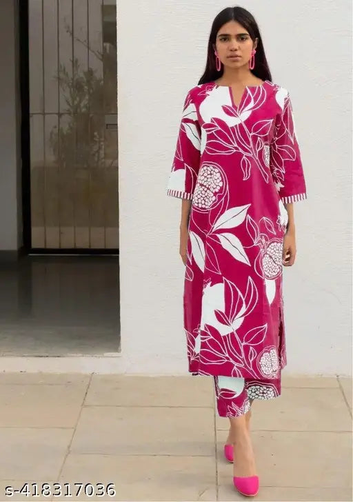 GoSriKi Women's pink printed cotton blend Kurta & Palazzos set, three-quarter sleeves, single size