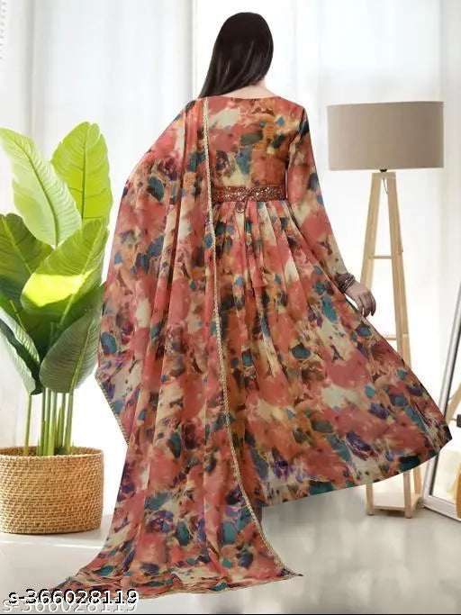 Women's printed georgette stitched anarkali gown, Indian traditional outfit with long sleeves and intricate patterns
