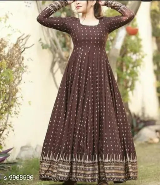 Long-sleeve printed rayon kurti for women, vibrant Indian fashion on mannequin