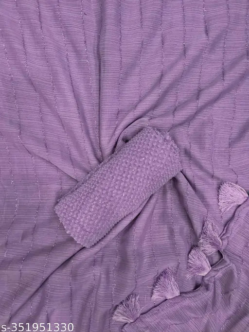 Light color chiffon saree with phumka, self-designed, embellished with fur stripe pattern, georgette blouse, tone-to-tone jari tassels on pallu, free size, India origin