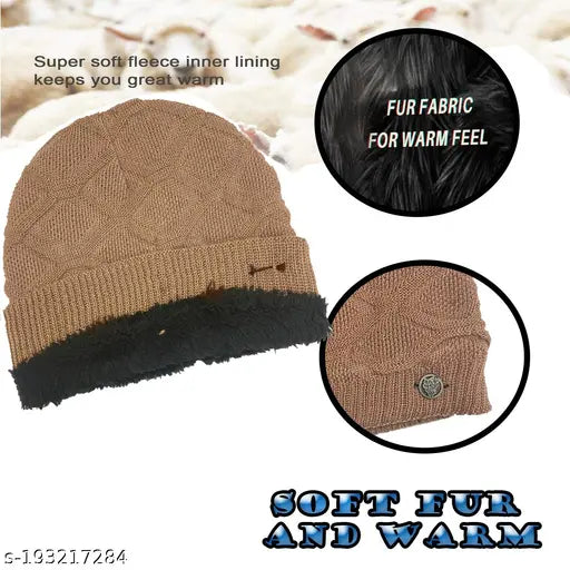 Brown woolen checked skull cap, stylish winter beanie for men and girls, trendy accessory from active brand Gajraj