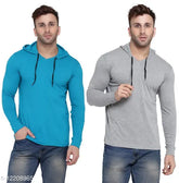 Aqua blue cotton blend solid hood t-shirts pack for men, short sleeves, sizes S-XL