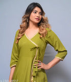 Diyaz women's polyester angarkha front slit open kurti, solid combo, XS-XXXL sizes. Angrakha-style kurti with open front slit and latkans, ideal for golden bottom wear and chandbali. Size chart enclosed for accurate fit. Minor color variation may occur due to lighting in images. Origin: India