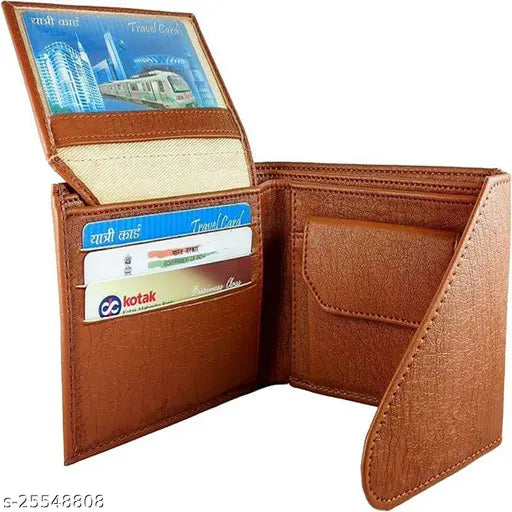 Brown faux leather bifold compact men's wallet with ID window, coin pocket, and multi-card. Trendy, durable, and easy-to-carry design