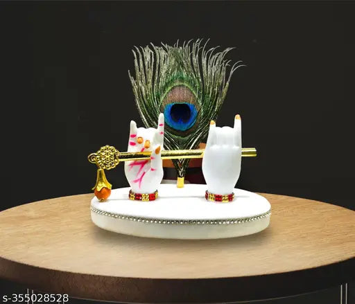 Marble dust small white Krishna hand statue with brass flute, Indian handicraft for home decor (4 inch)