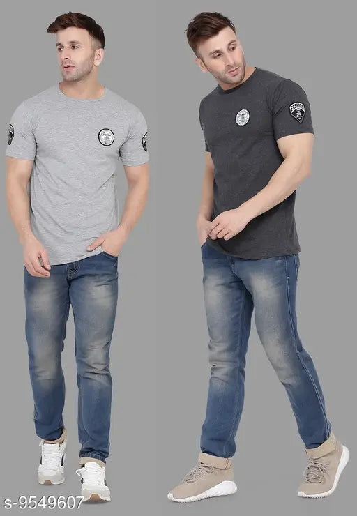 Grey melange cotton blend men's printed round t-shirts pack 2, size S, M, L, XL from India