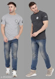 Grey melange cotton blend men's printed round t-shirts pack 2, size S, M, L, XL from India
