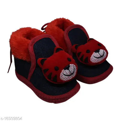Cotton Smart Denim anti-skid red booties for babies, soft and breathable with fur sole & PU pattern, perfect fit for 0 to 12 months