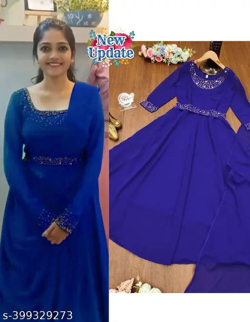 Blue Georgette Choki gown with matching dupatta and belt, single solid color for women in sizes S to XXL