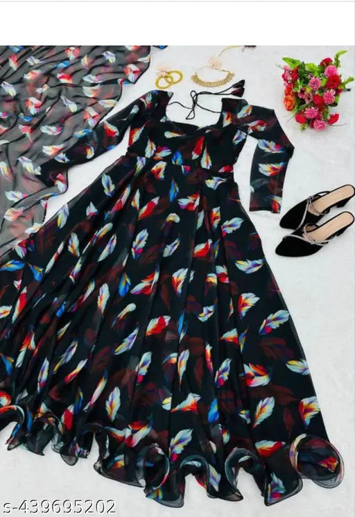 Black Georgette printed gown with dupatta, luxurious Indian evening wear for formal events and weddings