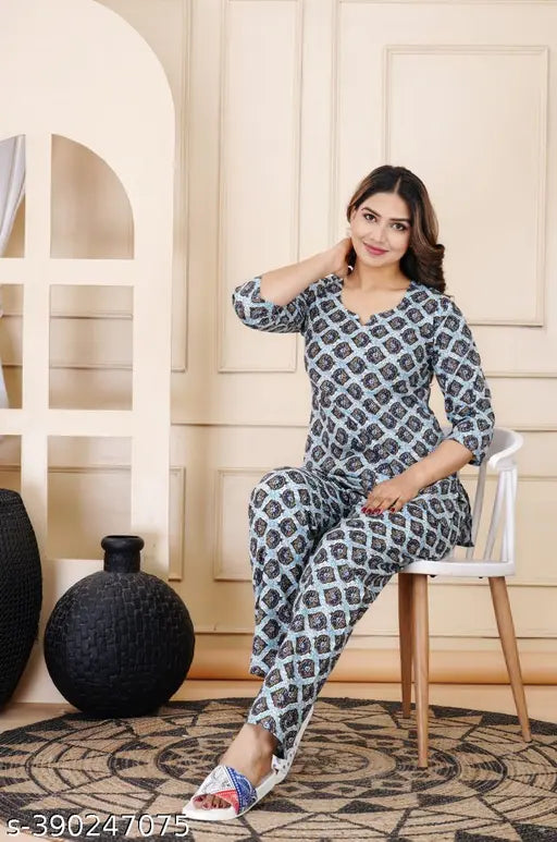 Yashvi Pure Rayon Printed Night Suit Top & Pyjama Set - Comfortable, floral all-over design, notch neck, 3/4 sleeves