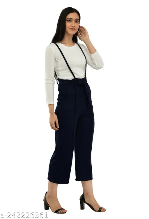 Navy blue cotton blend dungaree set, solid design for women's casual dress with long sleeves