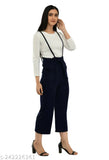 Navy blue cotton blend dungaree set, solid design for women's casual dress with long sleeves