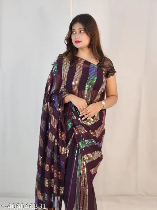 Three color sequin Georgette saree for women, free size, striped satin blouse with solid net border, India origin