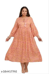 Rayon beige maxi dress, three-quarter sleeves, printed combo - Indian fashionable gown for weddings & parties