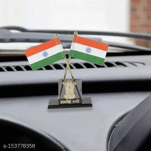 Indian flag for car dashboard and home/office, double-sided multicolor Pepino Satyamev Jayte cross flag with Ashoka