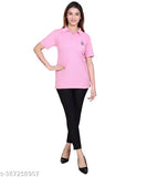Pink polycotton women's polo neck T-shirt, ideal for workout or summer wear with short sleeves and printed design