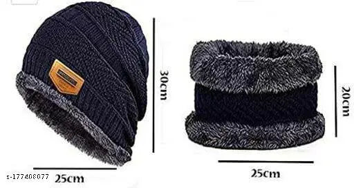 Stylish woolen cap and neck muff set (2 pairs), fur-lined for winter protection, unisex design