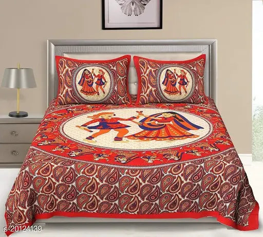 Red 120TC Cotton UniqChoice double bedsheets with matching pillow covers, featuring the Jaipuri print design for a classic look