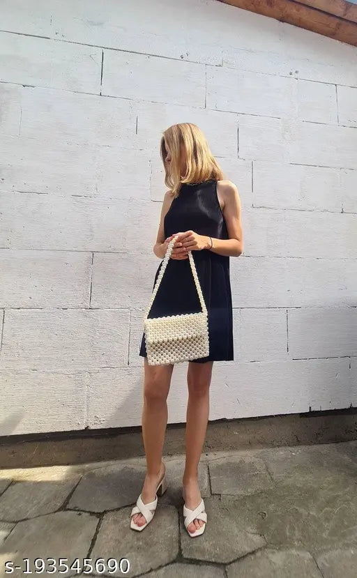 White plastic beaded pearl bag, crossbody/shoulder design, embellished net pattern, unique handmade artistry, perfect for women's evening wear, 7.5in x 0.75in x 5.1in, 19cm x 2cm x 13cm, 280g weight, free size with adjustable strap, made in India