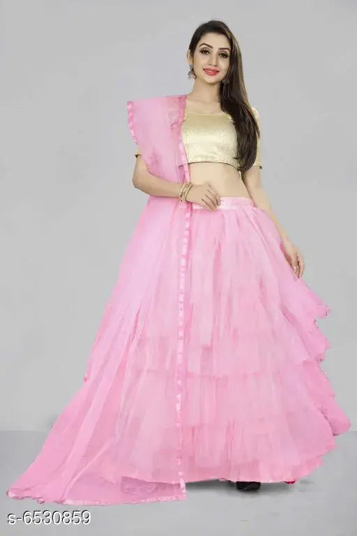 Silk and net semi-stitched lehenga with ruffle dupatta, Indian traditional women's topwear
